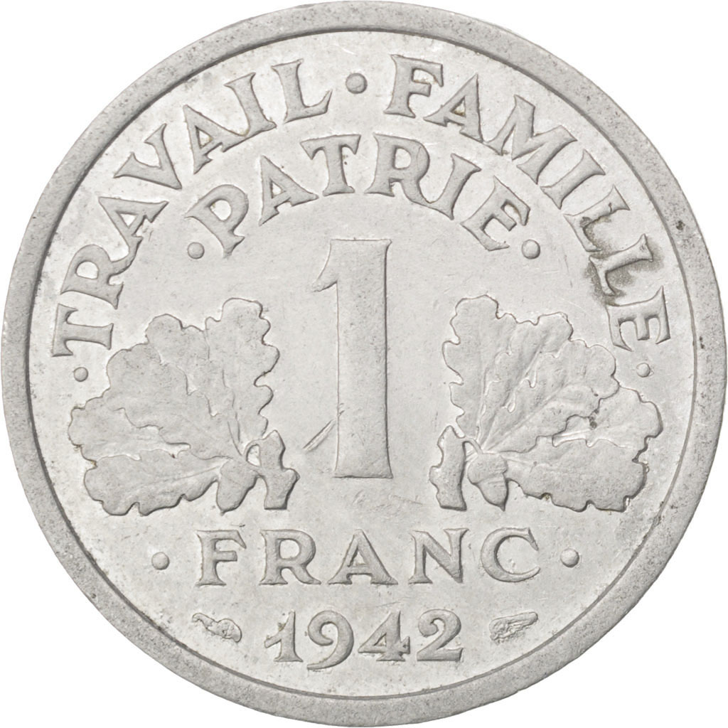 #33245 État français, 1 Franc Bazor, 1942, Poids faible, très rare, KM
