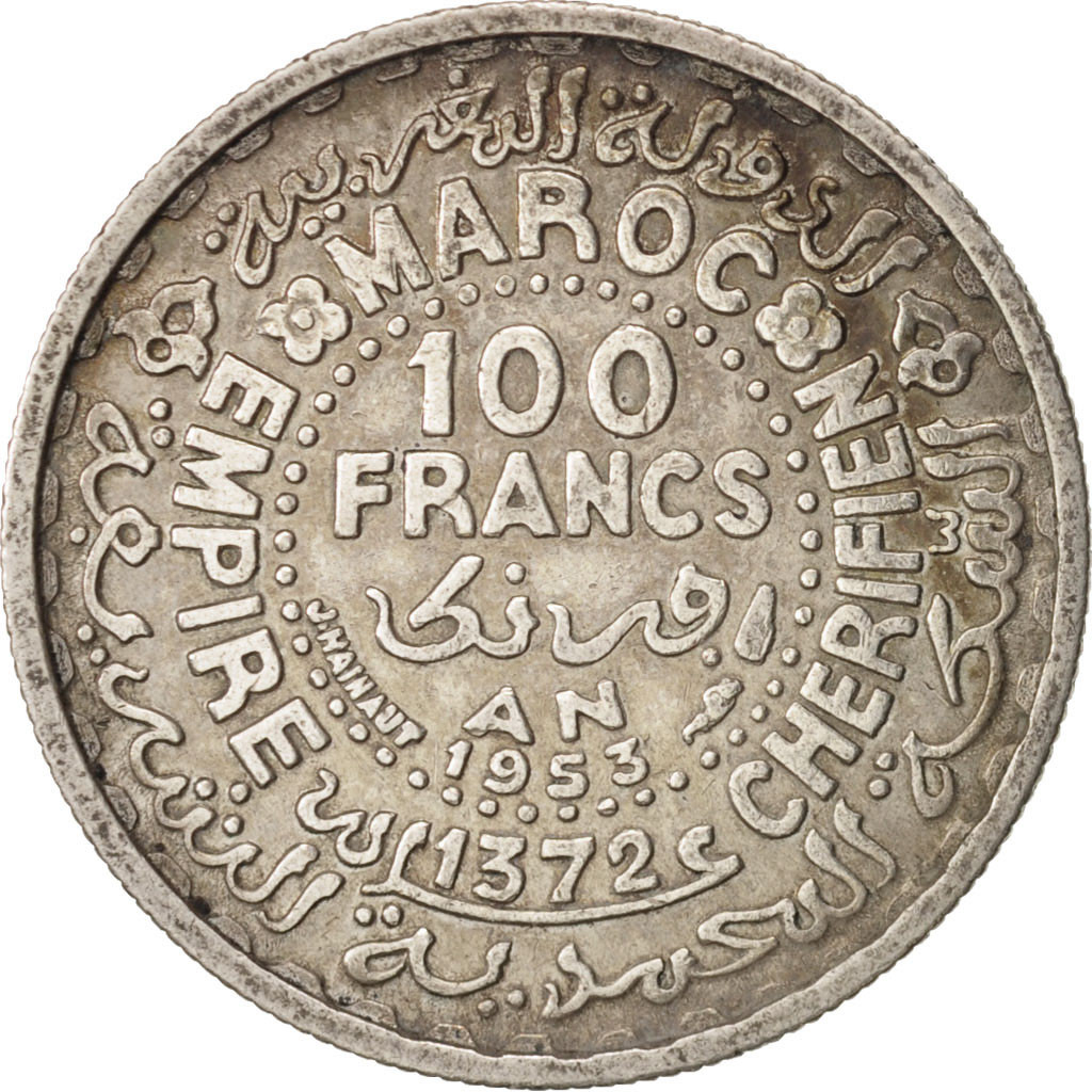 Morocco, Mohammed V, 100 Francs, 1953, Paris, AU(50-53), Silver, KM:52