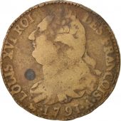 France, 2 sols franois, 2 Sols, 1791, Paris, VF(20-25), Bronze, KM:603.1