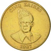 Coin, Zaire, 5 Zares, 1987, AU(55-58), Brass, KM:14