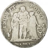 France, Union et Force, 5 Francs, 1796, Bordeaux, B+, Argent, KM:639.5,Gad 563