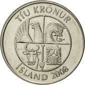 Iceland, 10 Kronur, 2008, AU(50-53), Nickel plated steel, KM:29.1a