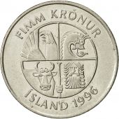 Iceland, 5 Kronur, 1996, AU(50-53), Nickel plated steel, KM:28a