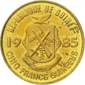 Coin, Guinea, 5 Francs, 1985, AU(55-58), Brass Clad Steel, KM:53